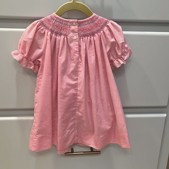 Smocked Giraffe pink and white striped dress with tiny rosebud detail smocking - Picture 5 of 5